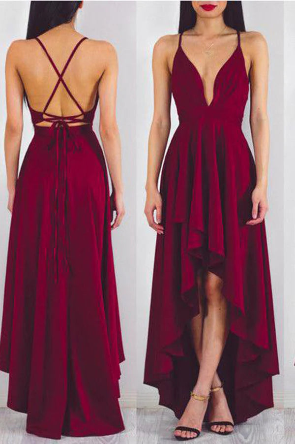 Vestidos de fiesta de gasa con tirantes altos y bajos, sencillos y corte A